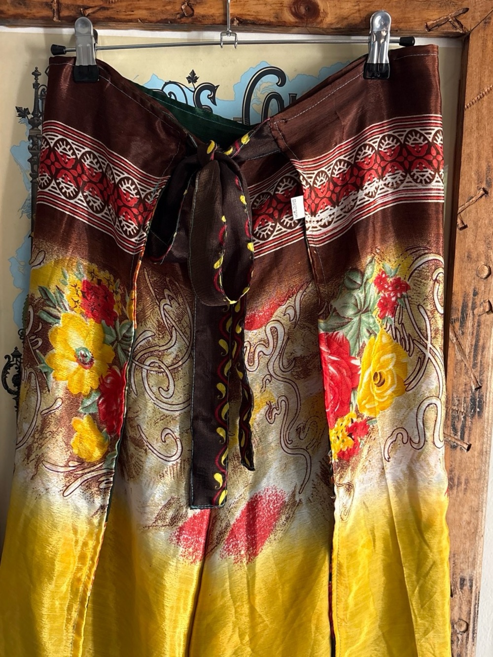 Boho Floral Yellow & Green Reversible Tie Silk Pants - Picture 3 of 6